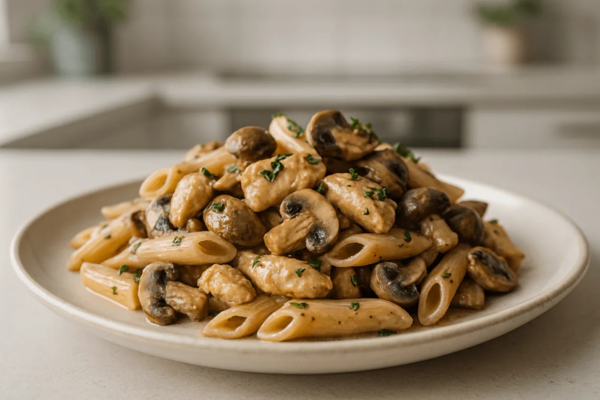 Pyszny makaron penne z kurczakiem i pieczarkami w 30 minut